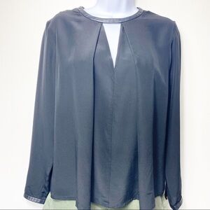 CLUB MONOCO Silk with Leather Trim Keyhole Blouse Top